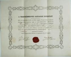 1871 Veszprém Megyei Gazdasági Egyesület díszes kiállítási oklevél
