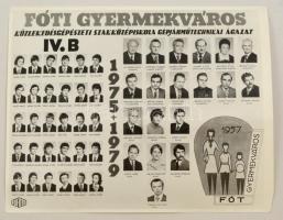 1979 Fóti Gyermekváros, Közlekedésgépészeti Szakközépiskola Gépjármű-technikai ágazat, tanárok és végzett diákok kistablója nevesített portrékkal, 24x30 cm