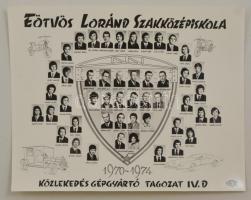 1974 Eötvös Loránd Szakközépiskola Közlekedés Gépgyártó tagozat, tanárok és végzett diákok kistablója nevesített portrékkal, 24x30 cm