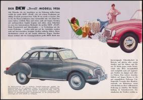 1956 DKW 3=6 autó katalógus, német nyelven, hajtás nyommal, 4 p