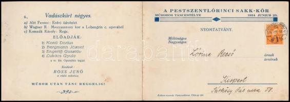 1934 Pestszentlőrinci Sakk-kör névre szóló meghívója műsoros táncestélyre,