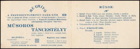 1934 Pestszentlőrinci Sakk-kör névre szóló meghívója műsoros táncestélyre,