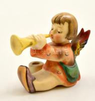 Hummel angyalka trombitával, kézzel festett kerámia, jelzett, restaurált, m: 6 cm
