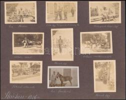 cca 1916 Egy katonatiszt hagyatékából, 21 db vintage fotó Skutariból (Albánia), 16 kép felragasztva egy kartonra, 4,5x6,5 cm és 9x12 cm között, karton 22,5x31,5 cm