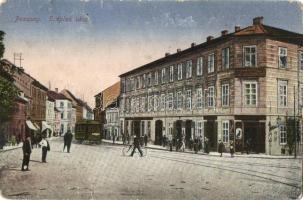 Pozsony, Pressburg, Bratislava; Széplak utca, kerékpár, villamos, leányiskola, üzlet / street view, bicycle, tram, girls' school, shop (kis szakadás / small tear)