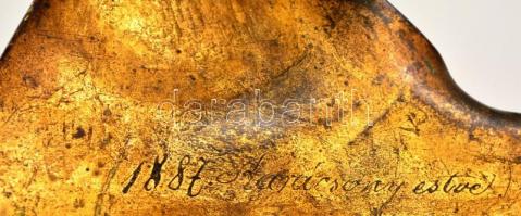 1887 Díszes, nagyméretű, masszív, levél formájó réz fényképtartó. Asztali kivitel, lábbal 52 cm. Hát...