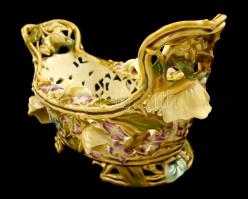 Zsolnay áttört  jardiniere (Mályva-sorozatból), kézzel festett porcelánfajansz, plasztikus rátétekke...