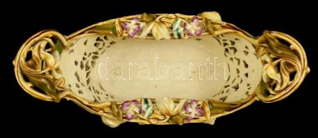 Zsolnay áttört  jardiniere (Mályva-sorozatból), kézzel festett porcelánfajansz, plasztikus rátétekke...