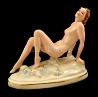 Royal Dux art deco ülő női akt, kézzel festett, jelzett, hibátlan, m:15,5 cm , h:18,5 cm/ Royal Dux art deco nude figurine