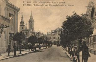 Zsolna, Sillein, Zilina; Diel Masarykovej ulice a kostol / Teilansicht der Masaryk-Straße u. Kirche / Masaryk utca, templom. Kiadja A. Hradil / street view, church (fa)