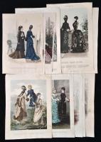 1875-1884 Illustrirte Frauen-Zeitung 12 db divat illusztrációja, színezett fametszetek, változó állapotban, az egyik hátoldalán javítással, egy-kettő kissé foltos, 34x24 cm és 36x24 cm közötti méretben