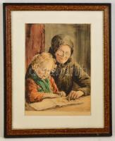 Edvi Illés Aladárné (1877-1963): Meseolvasás. Színezett rézkarc, papír, jelzett, üvegezett keretben,...