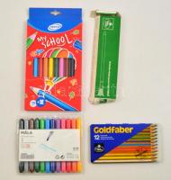 Kis írószer tétel: filcek, ceruzák, ecsetek, közte Faber Castell is, 4 csomag