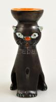 Iparművészeti Vállalatos macska alakú, mázas kerámia gyertyatartó, jelzett, hibátlan, m: 23,5 cm