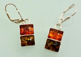 Ezüst(Ag) fülbevalópár borostyán díszítéssel, jelzett, h: 3 cm, bruttó: 3,6 g