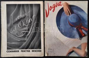 1936-1937 Vogue francia divatlap 2 száma, 1936 augusztus, 1937 szeptember, francia nyelven, számos érdekes fotóval, a 1936-os borítója foltos, kissé szakadt, az 1937-es sérült, hiányos rossz állapotban.