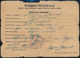 1944 december: belépési nyilatkozat a Hungarista Légióba. Szakadásokkal 20x15 cm