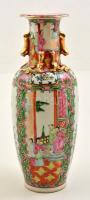 Jelzett kézzel festett kínai váza, kopott aranyozással, m:31 cm