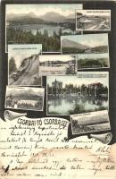 1910 Tátra, Tatry; Csorbai-tó, fogaskerekű állomás, vasútállomás, vendéglő, Szentiványi villa, Kriván / Strbské pleso / lake, funicular railway station, train, restaurant, villa, mountain peak  (fl)