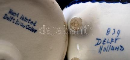 2 db Delft kékfestéses porcelán: kisfiú hallal, malac persely, kézzel festett, jelzett, apró kopások...