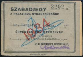1934 dr. Langsfeld Géza kabinetirodai tanácsos Palatinus Strandfürdői fényképes szabadjegye az 1934-...