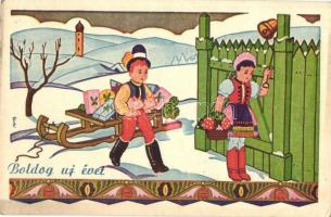 Boldog új évet! / New Year greeting postcard, pigs, folklore, s: Gyulai (EK)