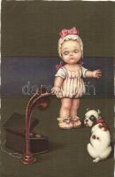 Child with dog, Italian art postcard