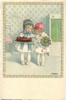 Children with cake and flower, art postcard, s: Pauli Ebner