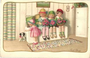 Children with dog and flowers, art postcard, s: Pauli Ebner