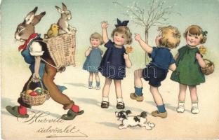 Húsvéti üdvözlet / Easter greeting postcard, rabbit, children, Meissner&Buch Kunstkarte Nr. 3056 litho