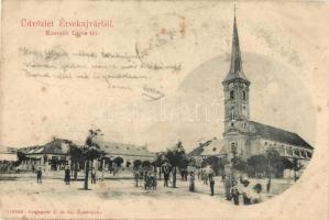 Érsekújvár, Nové Zamky; Kossuth Lajos tér, templom, gyógyszertár / square, church, pharmacy (fl)