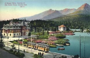 Tátra, Magas Tátra, Vysoké Tatry; Csorba tó, csónakázók, villamos / lake, boats, tram