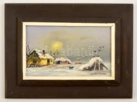 Németh jelzéssel: Téli tanya. Olaj,farost, foltos, keretben, 15×25 cm