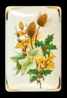 Hollóházi porcelán levélmintás dobozka, matricás, jelzett, hibátlan, 14×9×4 cm