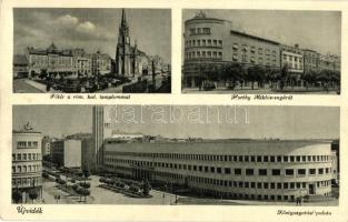 Ungvár, Uzhhorod; Fő tér a római katolikus templommal, Horthy Miklós sugárút, Közigazgatási palota / main square, Catholic church, avenue, administrative palace