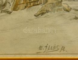 Illés jelzéssel: Házrészlet. Ceruza, papír, üvegezett keretben,  13,5×19 cm