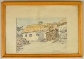 Illés jelzéssel: Házrészlet. Ceruza, papír, üvegezett keretben,  13,5×19 cm