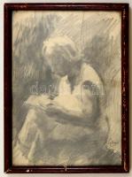Szőnyi jelzéssel: Olvasó lány. Szén, papír, üvegezett keretben, 28×20 cm