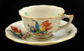 Herendi virágmintás porcelán mokkás csésze + alj, kézzel festett, jelzett, hibátlan, d: 7 és 11,5 cm