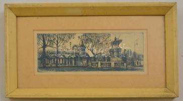 Blahos Rudolf (1917-1986): Halászbástya, rézkarc, papír, jelzett a karcon, üvegezett keretben, 8×19 ...