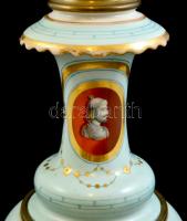 cca 1870 Moderateur olajlámpa Zsolnay porcelán talpazattal Dietmar réz égőfejjel, kézzel festett ren...