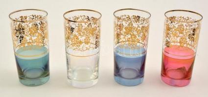 Aranyozott színes üvegpoharak, 4 db, hibátlanok, m: 13,5 cm