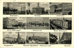 Újvidék, Novi Sad; mozaiklap, Leventeotthon, Rex palota, munkásotthon, közigazgatási palota, Zima Károly és társa kiadása / multi-view postcard with palaces