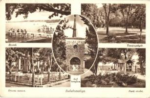 Balatonaliga (Balatonvilágos), Strand, Teniszpályák, Étterem terasza, Református templom, Parti részlet (EK)