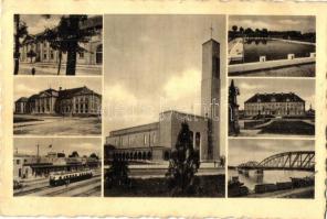 Komárom, Komárno; mozaiklap, vasútállomás, templom, híd, strand / multi-view postcard with railway station, church, bridge, swimming pool (EK)