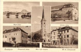 Érsekújvár, Nové Zámky; Levente otthon, Nyitra folyó, leánynevelő intézet, dohánybeváltó, római katolikus templom / Nitra river, girl school, tobacco shop, church, Levente home