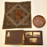 1927 Istanbul fotóalbum 50 db mozgalmas képpel + réz tál d: 16 cm, szőtt falikárpit 36x40 cm / Turkish photos from Istanbul and objects