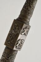 cca 1900: Jelzett kínai ópiumpipa- Fém, gazdagon díszített, sárkánnyal és feliratokkal 34 cm / Antiq...