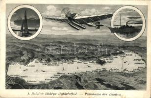 Balaton, látkép légtávlatból, térkép vitorlással, hidroplánnal és gőzhajóval (EK)