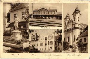 Galánta, Mária szobor, üzlet, Vasútállomás, Herceg Esterházy kastély, Római katolikus templom. Kiadja Aigner Lajos / Virgin Mary statue, shop, railway station, castle, Catholic church (gyűrődés / crease)